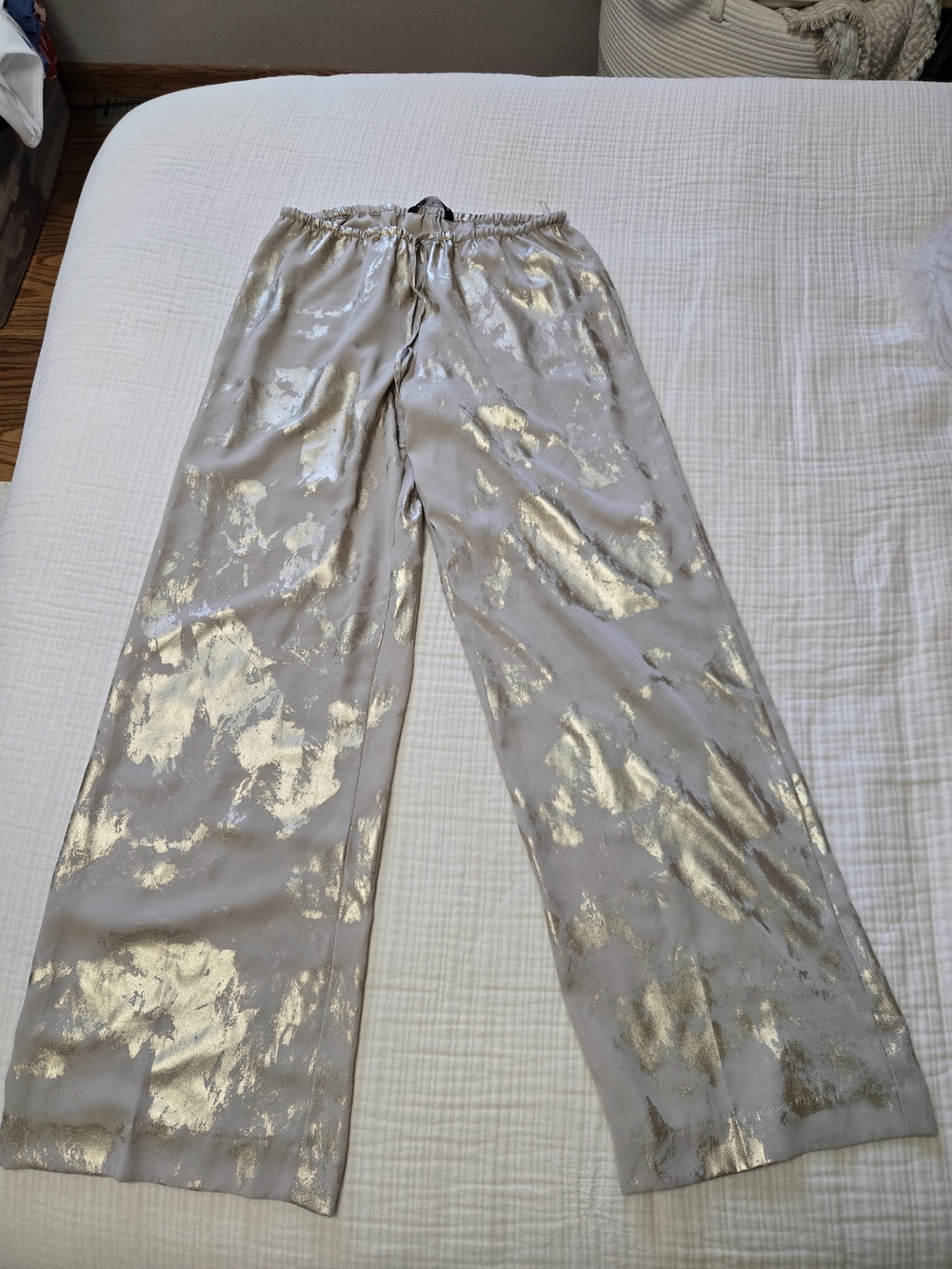 Zara Tan Wide-Leg Pants with Metallic Gold Patches